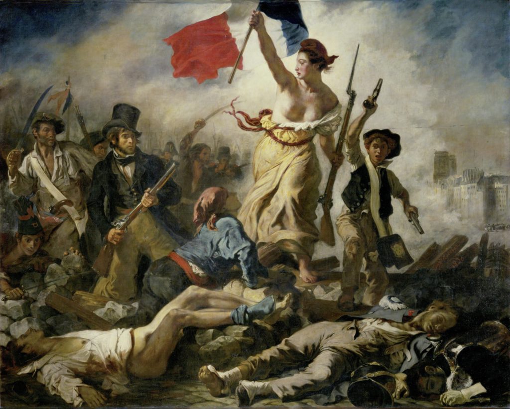 The embodiment of Liberty, a bare-breasted woman sporting a Phrygian Cap, leads the charge of civilian fighters over a pile of bodies. She holds the French flag in one hand. A street urchin with two pistols stands beside her. In the background, Notre Dame is visible.